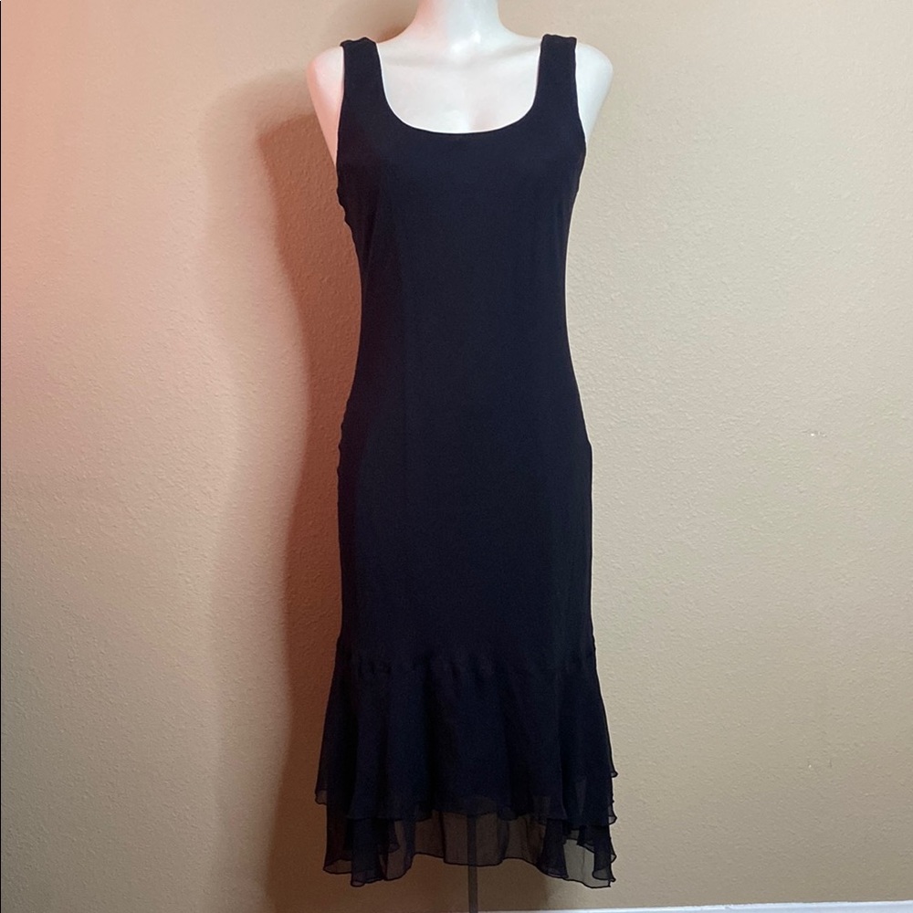 Elegant Black sheer mesh lined Sleeveless tank ruffle midi Dress L